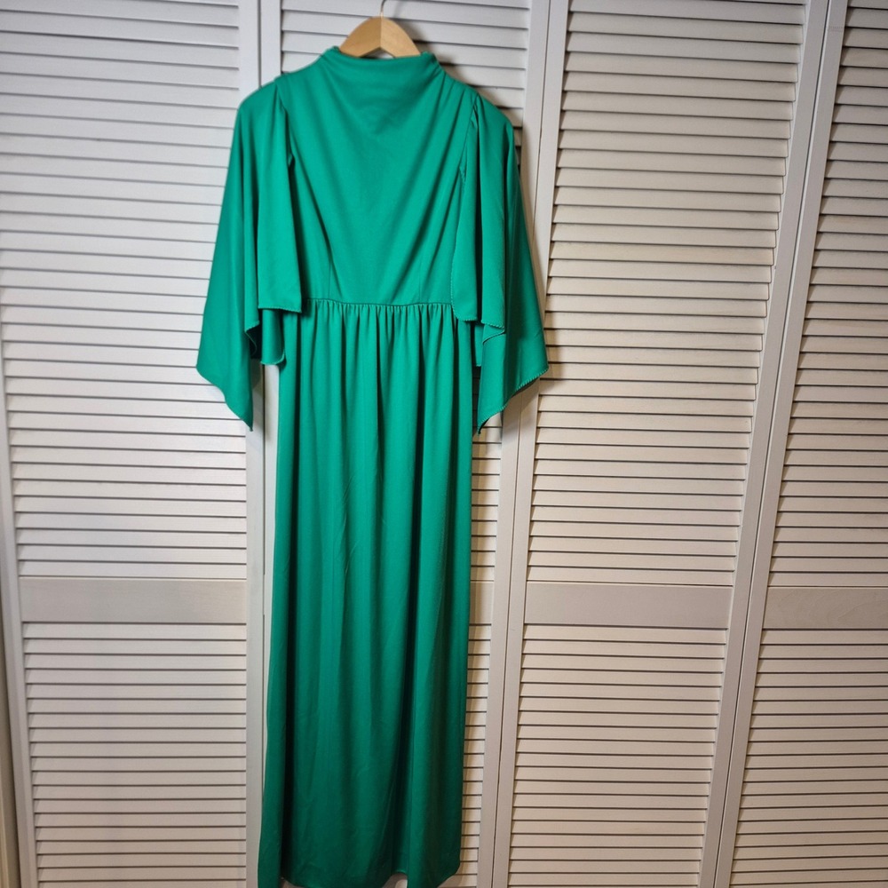 VTG Alison Ayres‎ Green Maxi Dress 8 Cape Sleeve High Neck ILGWU Union Made USA